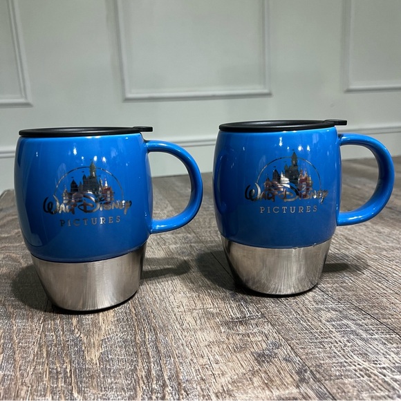 Disney Other - Walt Disney Pictures Blue Ceramic Stainless Steel Coffee Cup Mug w/ Lid Set Of 2